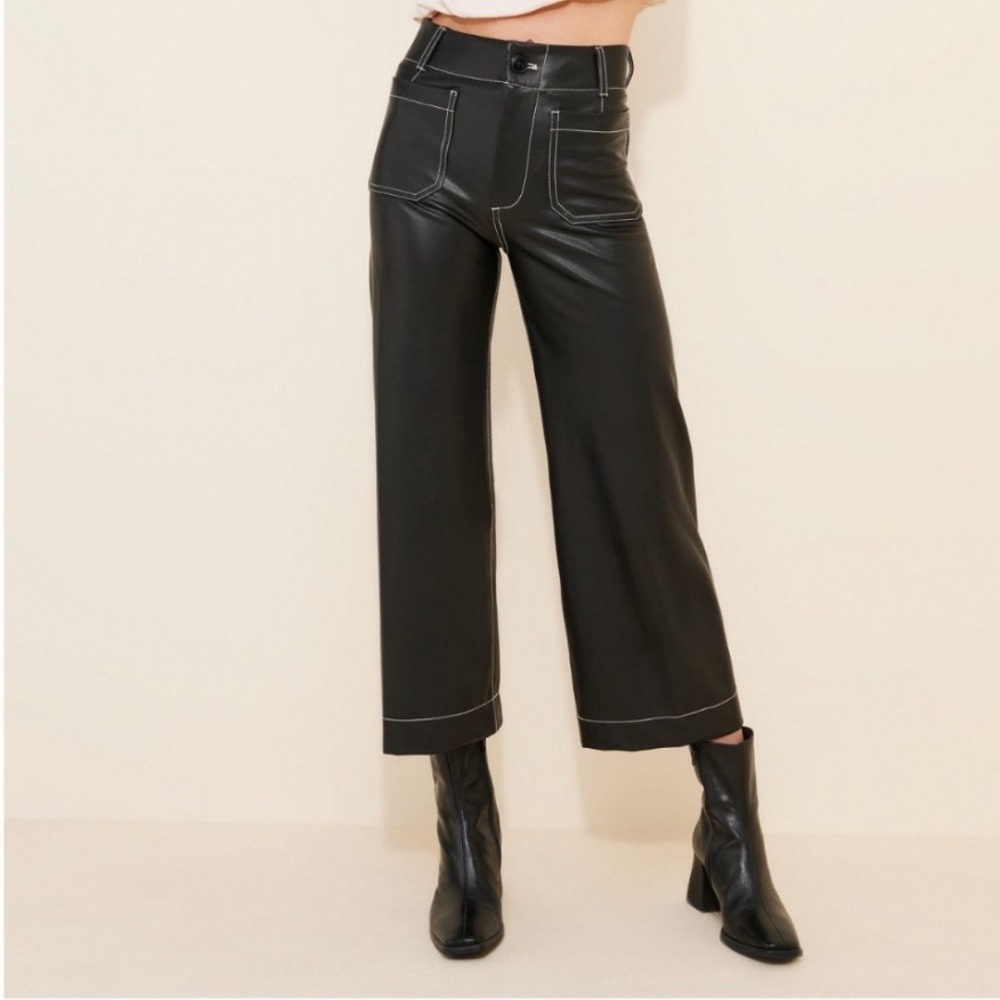 Maeve The Colette Faux Leather Contrast Stitch Wide Leg Pants Black 25